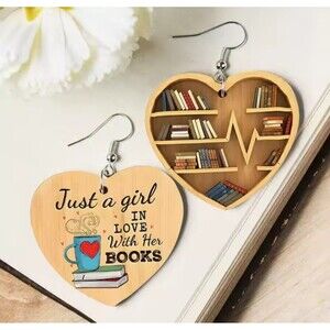 Heart Shaped Bookshelf Just A Girl In Love With Her Books Wooden Earrings